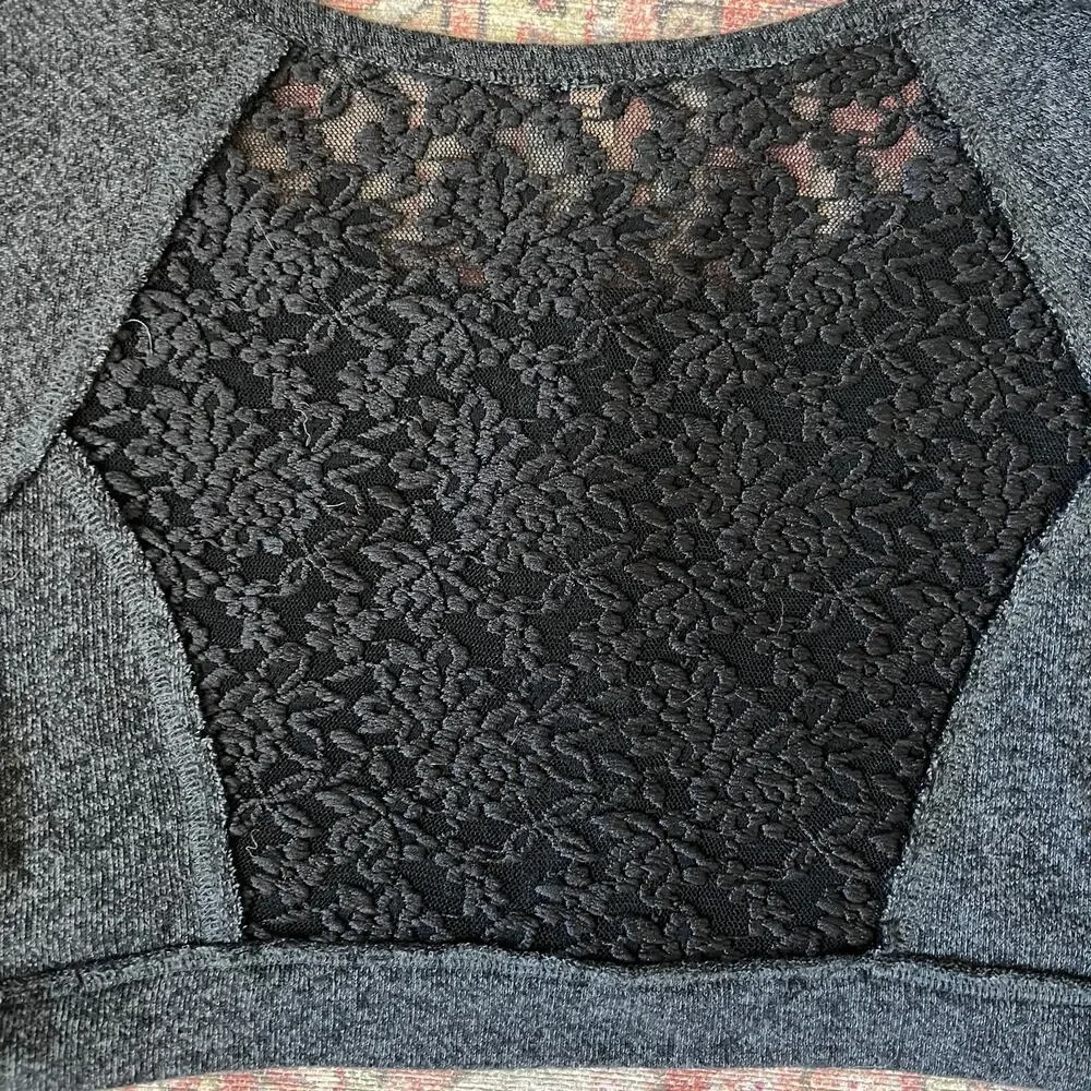 Free People Dark Heathered Gray Crop Long Sleeve Lace Snap Front Top - Small